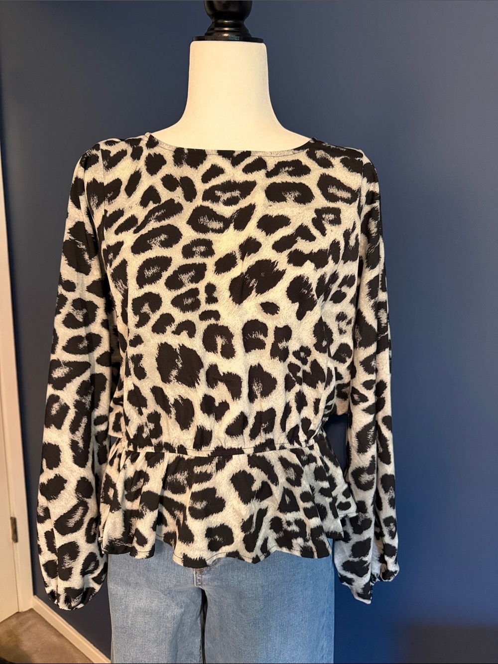 Leopard Print Peplum Long-Sleeve Top - Black & White